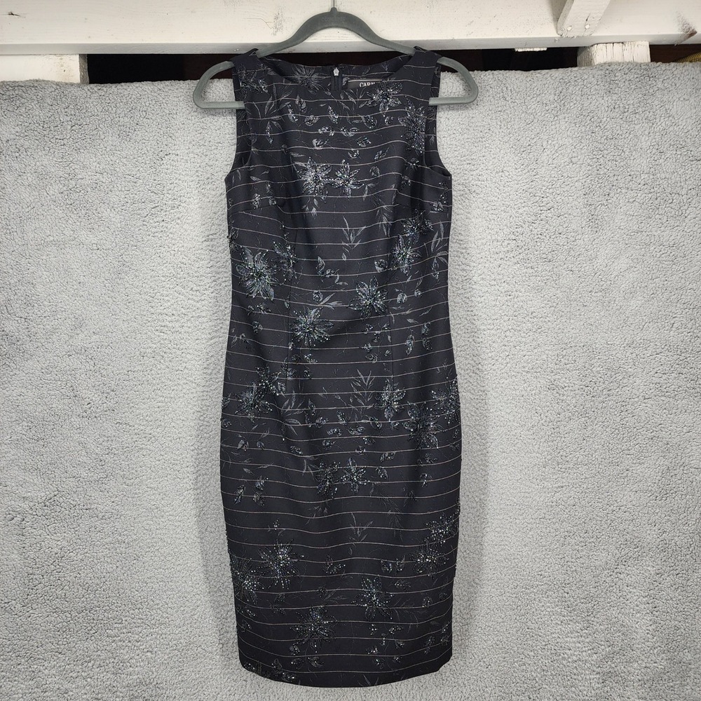 Carmen Marc Valvo Black Floral‎ Beaded Stripe Sleeveless Sheath Dress Size 4